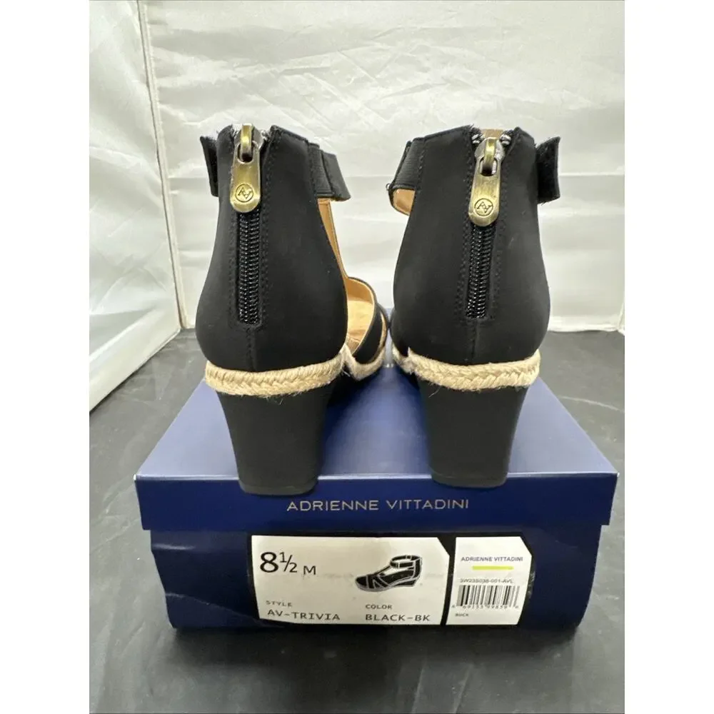 ADRIENNE VITTADINI TRIVIA Wedge Sandals Black Ankle Strap Women's Size 8.5 New